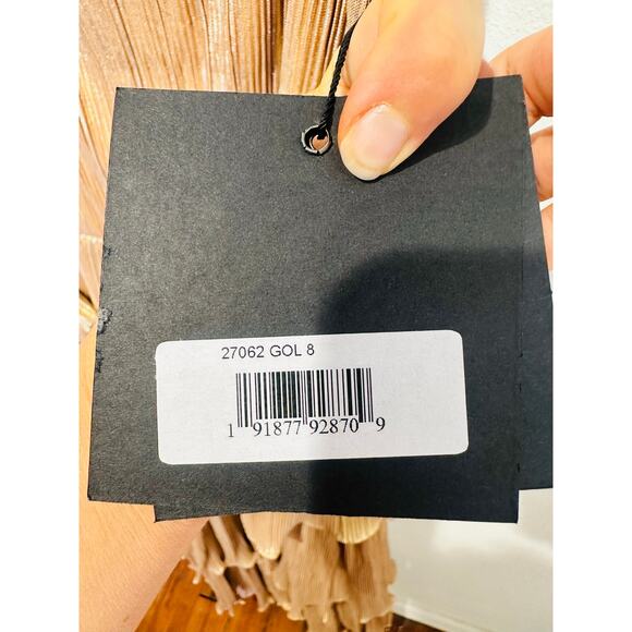 MAC DUGGAL Gold Metallic Plissé Square Neck Pleated Ruffle Belt Detail Dress 8 - Picture 10 of 16